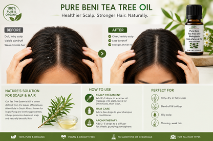 Before and after results using PURE BENI Tea Tree Oil showing reduced dandruff, healthier scalp and stronger shinier hair with natural organic tea tree essential oil treatment.