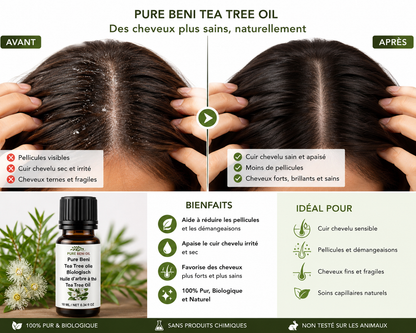 Avant après utilisation de PURE BENI Tea Tree Oil sur cheveux et cuir chevelu montrant une amélioration des pellicules, du cuir chevelu sec et de la santé capillaire.
